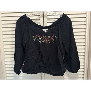 Candies Black/Red Floral Embroidered 3/4 Sleeve Boat Elastic Hem Blouse Size M‎